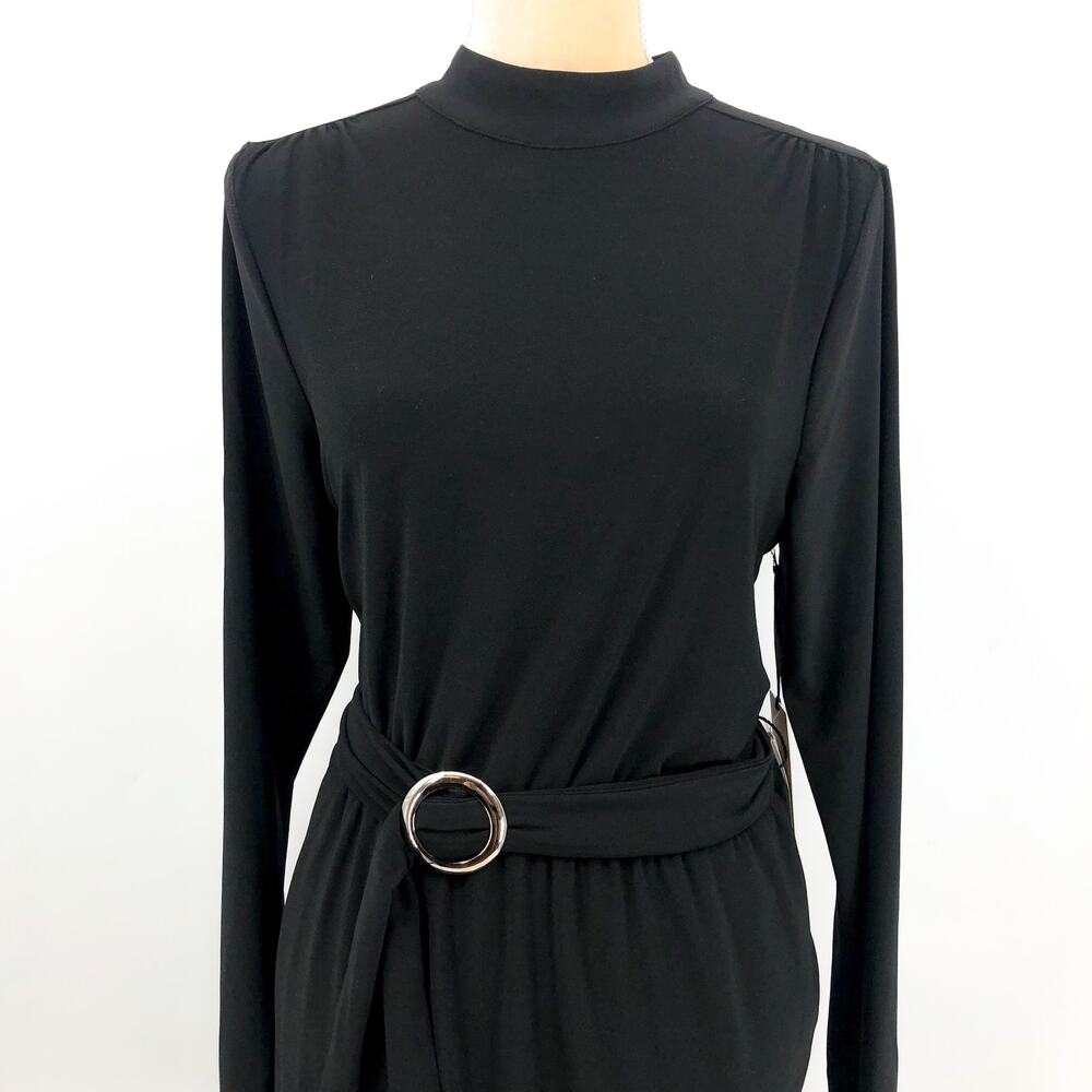 HALOGEN Women's Long Sleeve Ring Belted Dress Large Rich Black Jersey NWT - Picture 2 of 10
